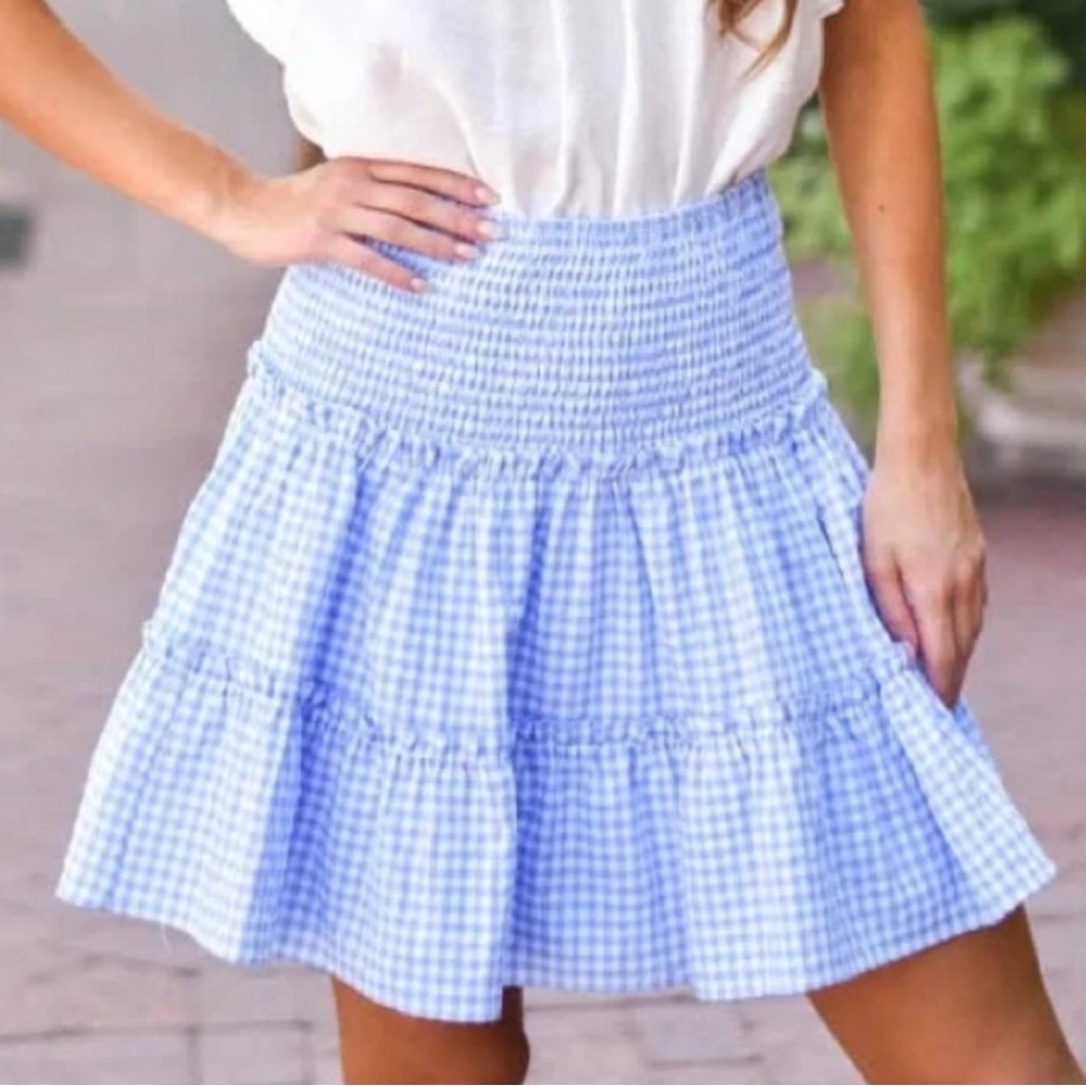J. Marie Linen tiered smocked blue white checkered Mini Skirt S
